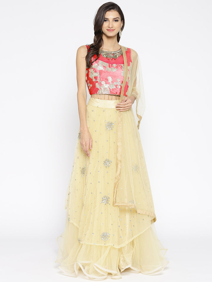 Chhabra 555 Red Gold Embellished Crop top Lehanga set With Gotta Patti, Resham and Nakshi Embroidery