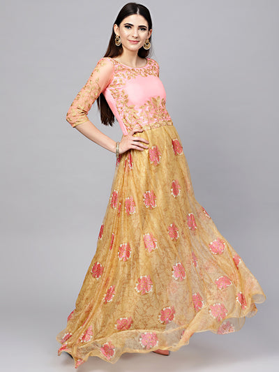 Chhabra 555 Pink Gold Embellished Gown with Zari, Resham Embroidery and Foild print