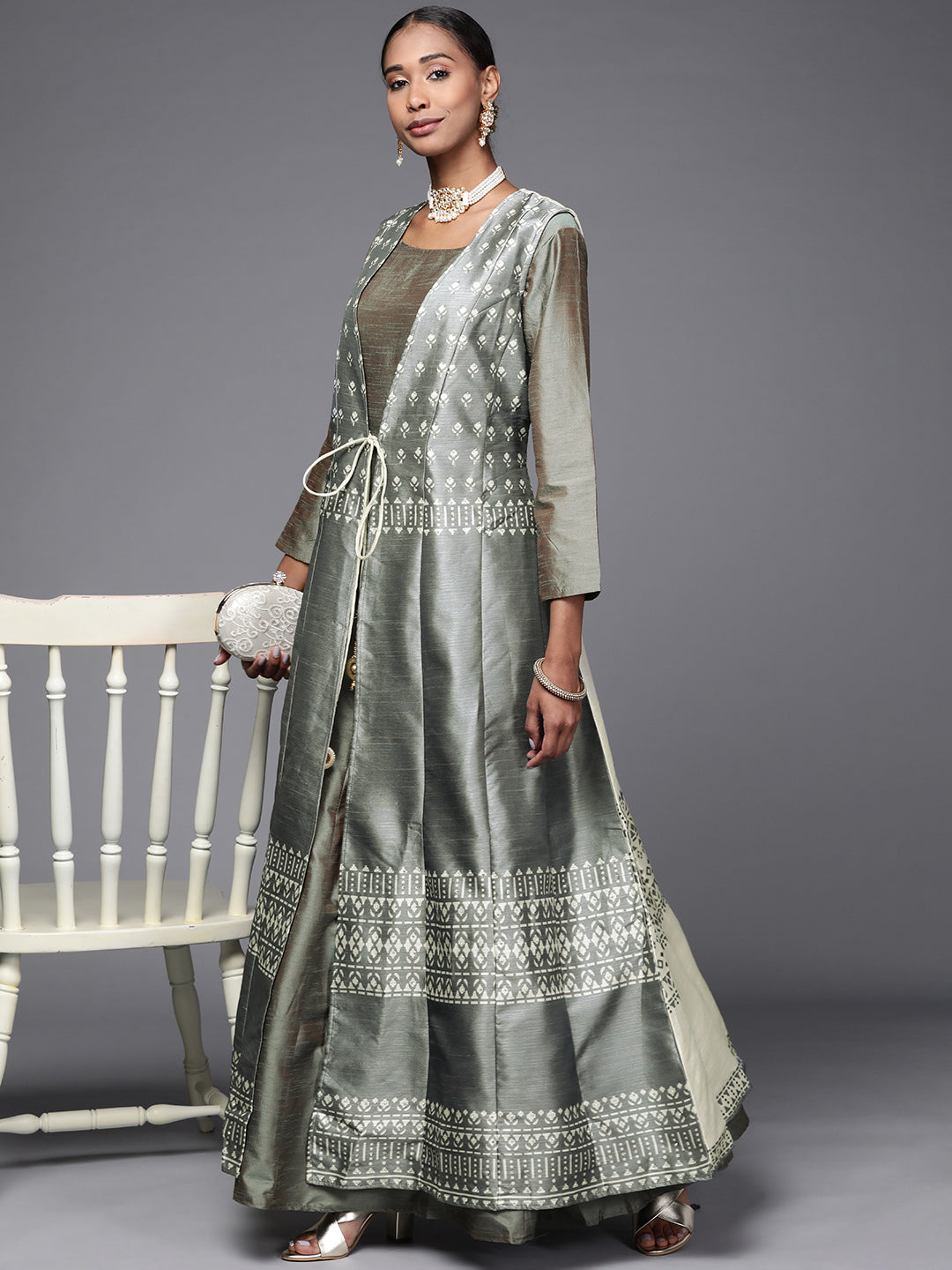 Grey Digital Print Ikat inspired Embellished Gown