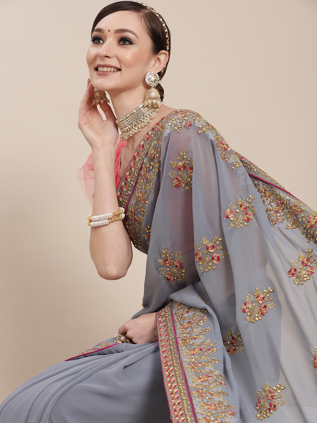 Chhabra 555 Grey Resham & Zari Embroidered Georgette Stone Work Embellished Saree