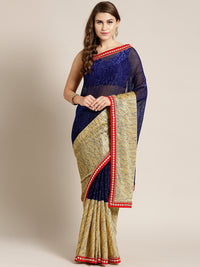 Chhabra 555 Lycra Panelled Blue Gold saree with Crystal Embellished border and metallic foil print