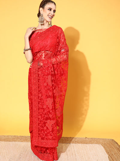 Chhabra 555 Red Resham Embroidered & Crystal Embellished Bridal Reception Net Saree