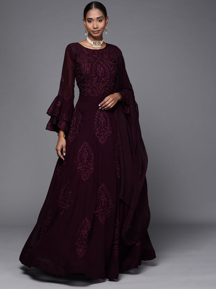 Burgundy Embellished Cocktail Gown with Resham Embroidery & Bell sleeves