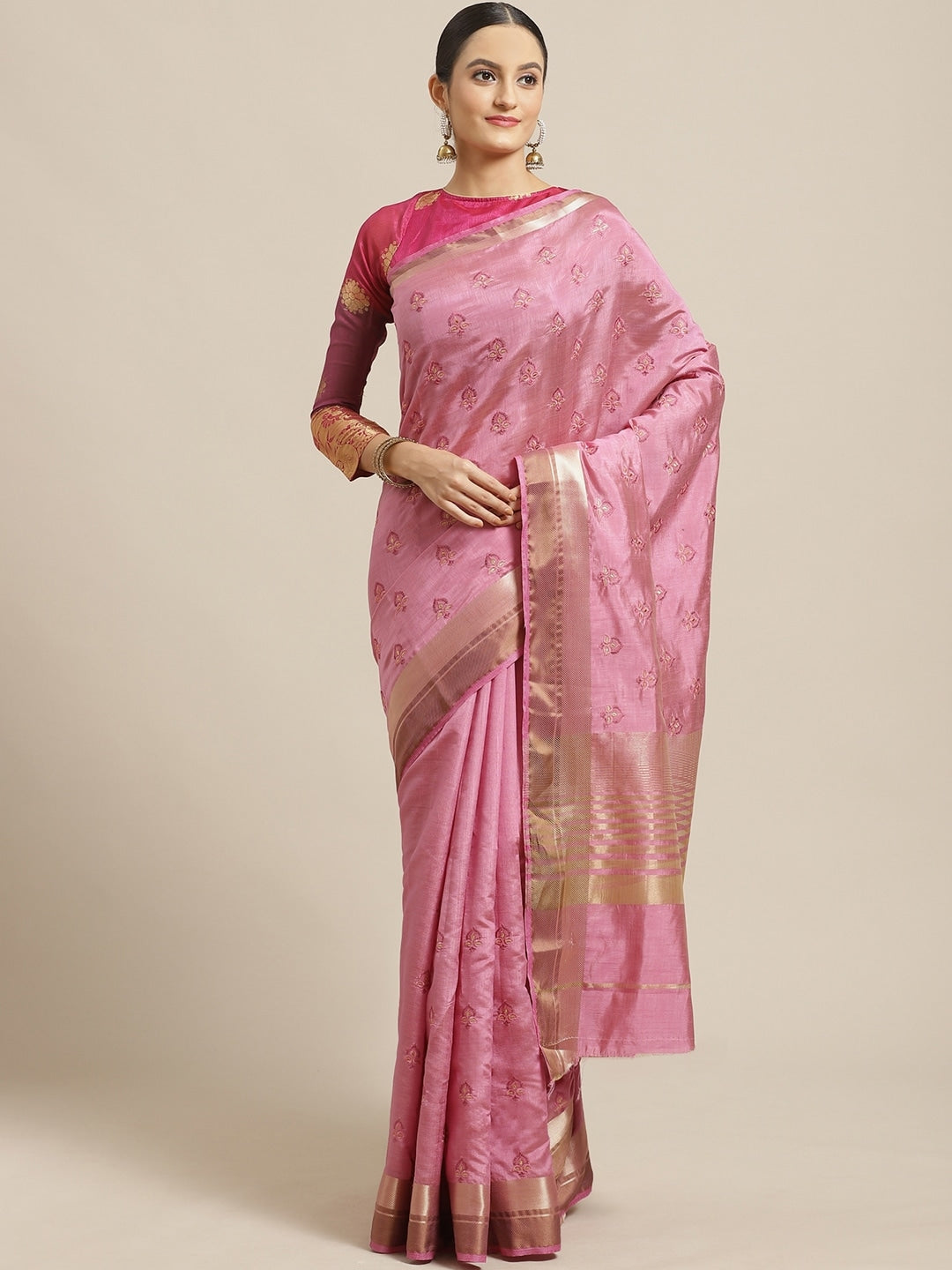 Handloom Chanderi Saree with ReshamEmbroidery intricate Floral Butas &Zari Ethnic Border