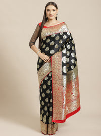 Banarasi Silk Blend Embossed Handloom Saree with Paisley Weaving & Contrast Border,Pallu