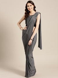 Draped Ruffled Pre-stitched Saree with Embellished Velvet Tassled Crop Top Blouse