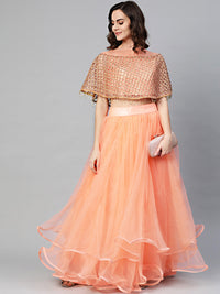 Cape Style Tassled Crop Top Blouse and foil print layered lehenga