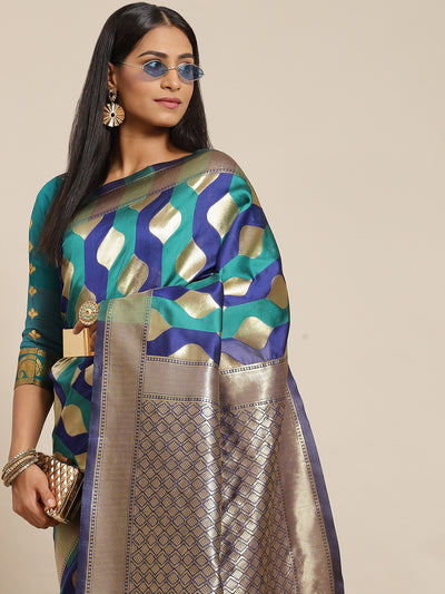 Chhabra 555 Blue & Teal Geometrical Pattern Silk Blend Banarasi Woven Saree with Color Blocking 