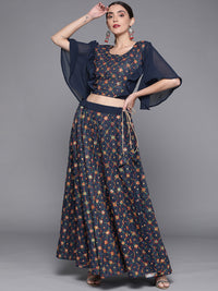 Crop-Top Skirt Set With Resham Embroidery, Mirror Work, Frill Sleeves