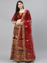 Maroon Velvet Bridal Semi-Stitched Lehenga Set with Gold Zardozi & Pearl Embroidery