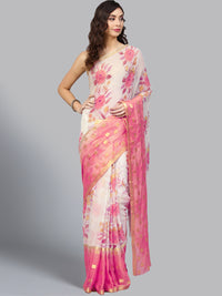 Pastel Chiffon Ombre Pink Saree with Floral hand Painting and Handloom Woven Design
