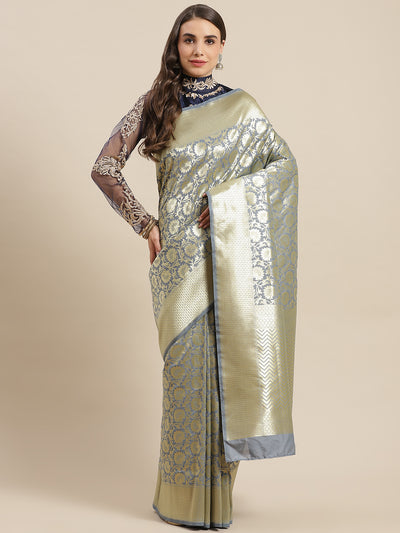 Chhabra 555 Kanjeevaram Wedding Silk Saree Embellished With Traditional Gold Zari Floral Motifs

Color: Grey

Type: Kanjeevaram Sarees

Pattern: Woven Design

Pattern Type: Ethnic Motifs

Ornamentation: Zari

Border: Woven Design

Fabric: Silk Blend

Saree length: 5.50 mtr., Width: 1.10 mtr, Blouse length: 0.70 mtr
Dry Clean

The CAD image gives a detailed look of the actual blouse piece that comes with this saree. The blouse used by the model in the pictures is only for styling purpose.