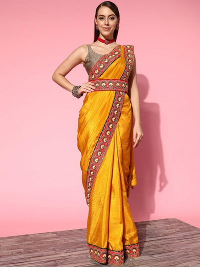 Chhabra 555 Mustard Bhagalpuri Silk Belted Saree With Sequin Embellished Contrast Border & Blouse 