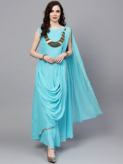 Chhabra 555 Turquoise Georgette Draped Dress with Attached Necklace and Dupatta