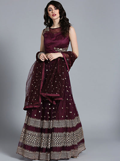 Chhabra 555 Purple Crop top Made-to-measure Lehenga with Zari and Sequin Embroidery and Jaal Dupatta