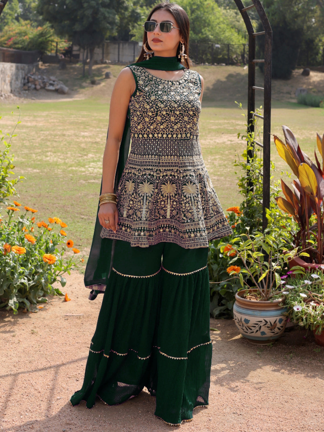 Chhabra 555 Aari Embroidered Peplum Kurta Set with Tiered Sharara & Sequin Embellishments