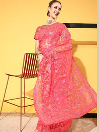 Chhabra 555 Bright Coral Resham Embroidered & Crystal Embellished Bridal Net Saree