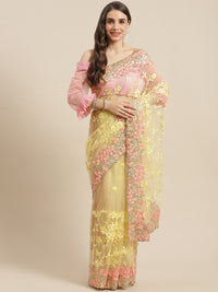 Chhabra 555 Pastel Net Zari & Resham Floral Embroidery Saree With Crystal & Scalloped Cutwork Border

Color: Yellow

Type: NA Sarees

Pattern: Embroidered

Pattern Type: Floral

Ornamentation: Zari

Border: Embroidered

Fabric: Net

Saree length: 5.50 mtr., Width: 1.10 mtr, Blouse length: 0.70 mtr
Dry Clean

The CAD image gives a detailed look of the actual blouse piece that comes with this saree. The blouse used by the model in the pictures is only for styling purpose.