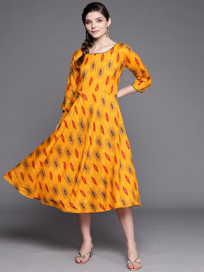 Chhabra 555 Made to Measure Mustard Cotton Flared Dress with multicolot Ikat Print