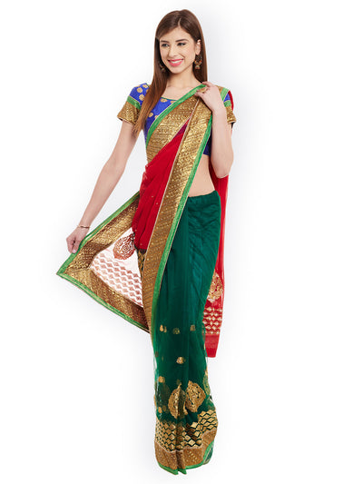 Chhabra 555 Green & Red Embroidered Georgette Half & Half Saree With Net Pallu