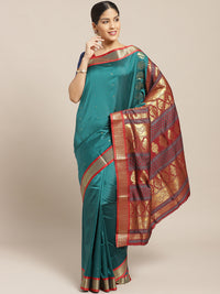 Kanjiwaram Dupion Silk saree with Zari Weaving Contrast Border and Rich Temple Pallu