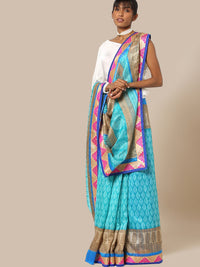 Turquoise Blue & Beige Coloured Cotton Silk  Saree