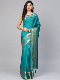 Chhabra 555 Turquoise Blue Chanderi Silk Handloom, Hand Woven,Floral, Zari Weav Border Saree with Contrast Brocade Blouse 
