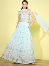 Chhabra 555 Turquoise Blue Foil Print Embellished Georgette Lehenga Choli Set with pearl tassles