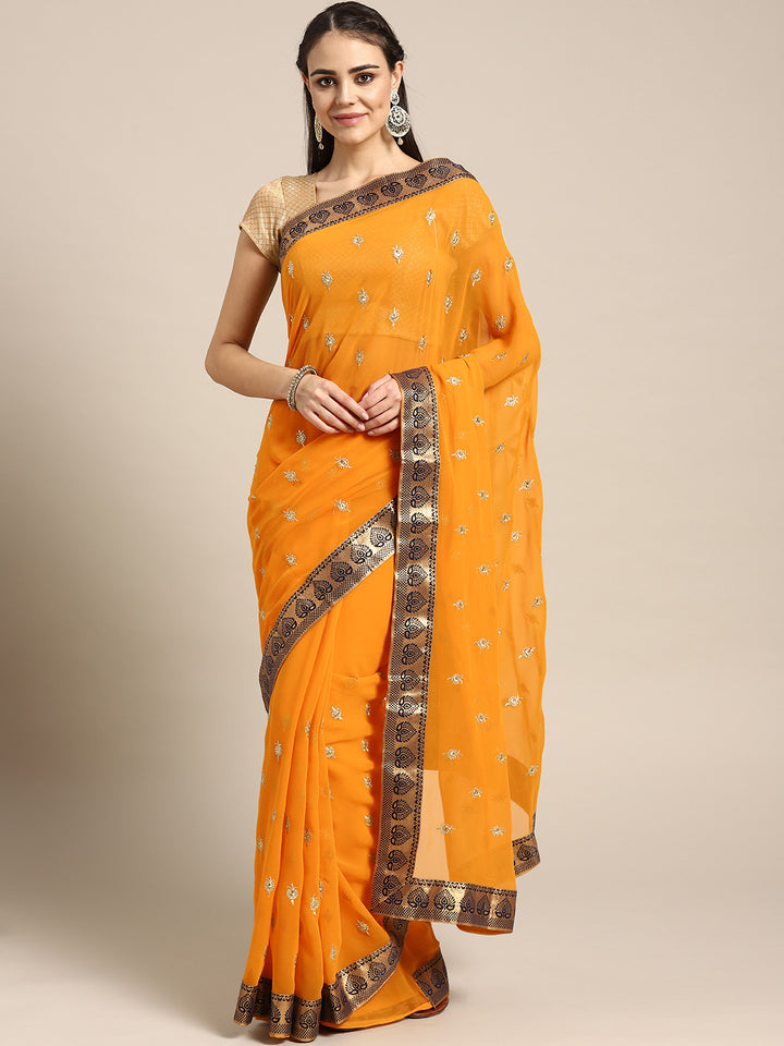 Chhabra 555 Georgette Embroidered Saree with brocade border and crystal embellishments