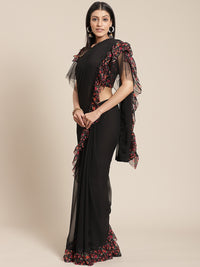 Fusion Black Georgette Ruffed Saree With Printed Floral Ruffles & Floral Printed Blouse