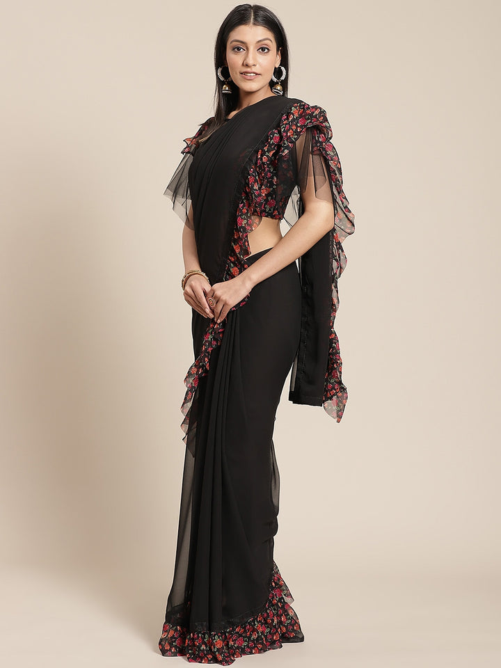 Fusion Black Georgette Ruffed Saree With Printed Floral Ruffles & Floral Printed Blouse