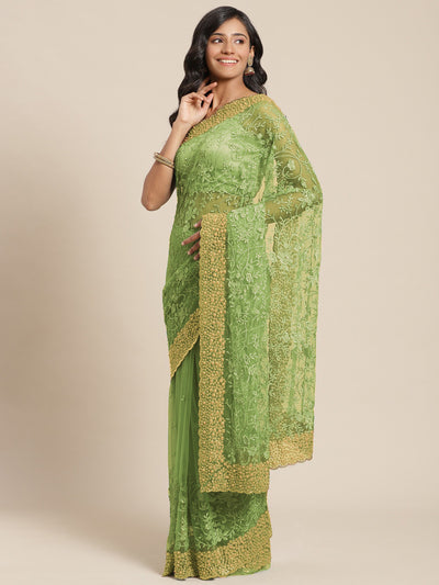 Chhabra 555 Green Net Resham Embroidered Saree With Pearls, Cut work Border

Color: Green

Type: NA Sarees

Pattern: Embroidered

Pattern Type: Floral

Ornamentation: Embroidered

Border: Embroidered

Fabric: Net

Saree: 5.35mtr., Width: 1.10 mtr, Blouse: 0.80 mtr
Dry Clean Only

The CAD image gives a detailed look of the actual blouse piece that comes with this saree. The blouse used by the model in the pictures is only for styling purpose.