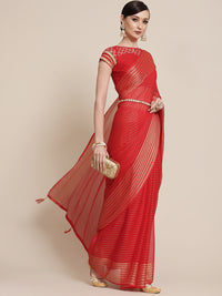 Chhabra 555 Red Chiffon Swarovski Embelllished Striped Weaving Belted Saree
