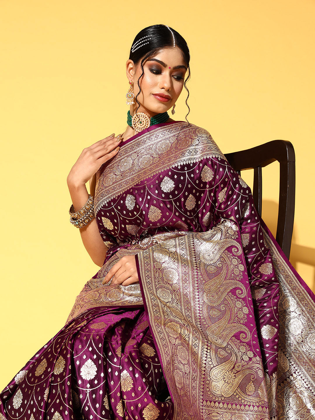 Chhabra 555 Wine Ethnic Motifs Gold Zari Silk Kanjeevaram Bridal Wedding Saree & Embellished Belt 