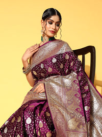 Chhabra 555 Wine Ethnic Motifs Gold Zari Silk Kanjeevaram Bridal Wedding Saree & Embellished Belt 