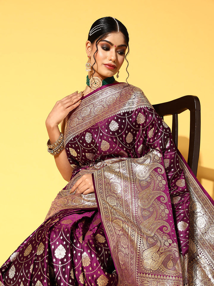 Chhabra 555 Wine Ethnic Motifs Gold Zari Silk Kanjeevaram Bridal Wedding Saree & Embellished Belt 