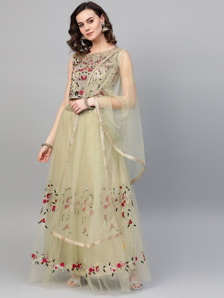 Made-to-Measure Crop Top Lehenga with Resham Zari embroidery & flared kalidar hemline