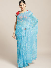 Pastel Turquoise Blue Summer Chiffon Saree with Contemporary Floral Prints