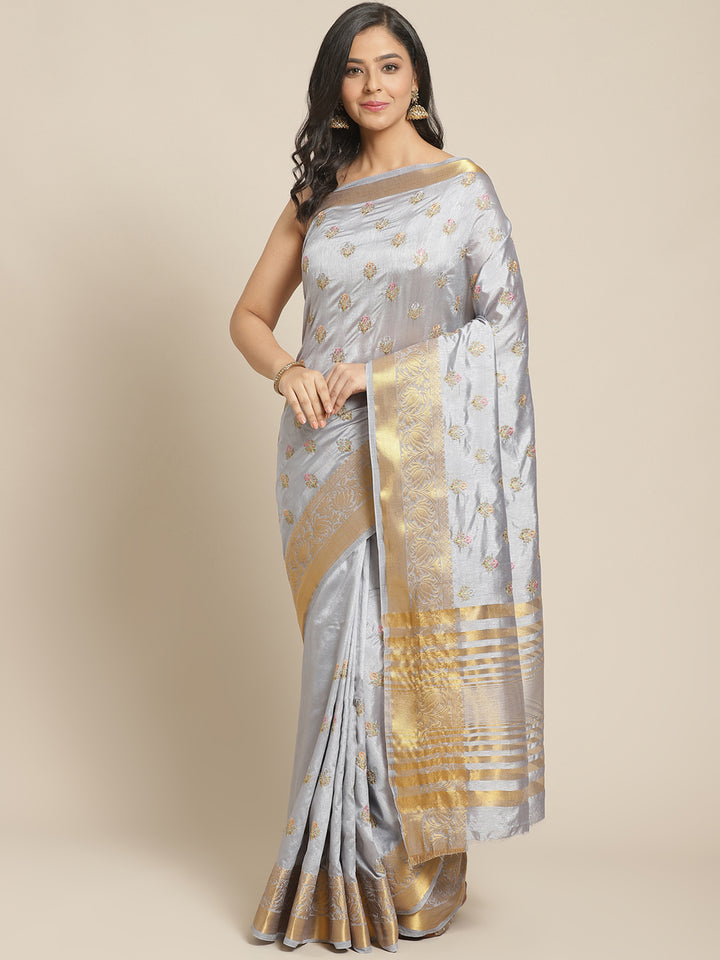 Handloom Chanderi Saree with intricate Resham Embroidered Floral motifs & Zari Border