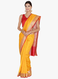 Yellow & Red Colored Banarasi Silk Zari Work Woven Traditional Saree