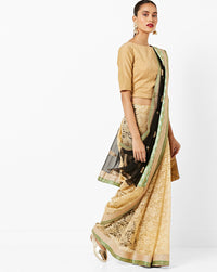 Beige & Black Embroidered  Half & Half  Stylish Saree With Lace Pleats