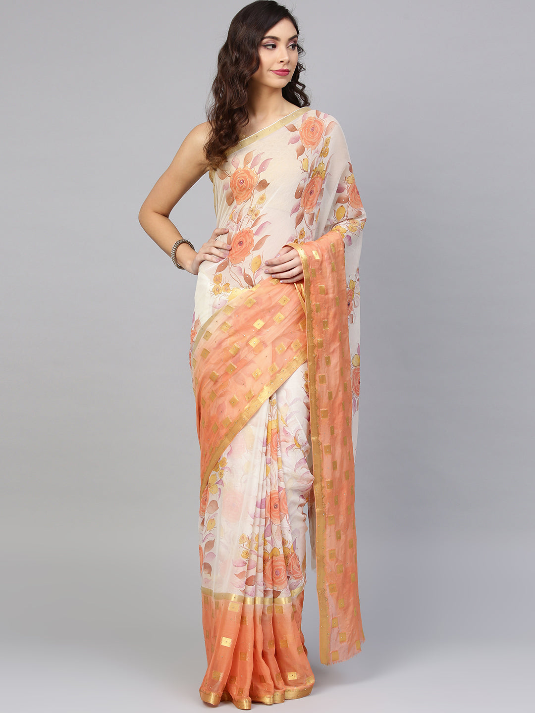 Chhabra 555 Peach and Off White Chiffon Woven, Printed, Ombre, Crystal With Saree 