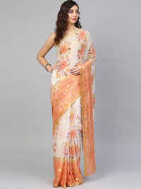 Chhabra 555 Peach and Off White Chiffon Woven, Printed, Ombre, Crystal With Saree 