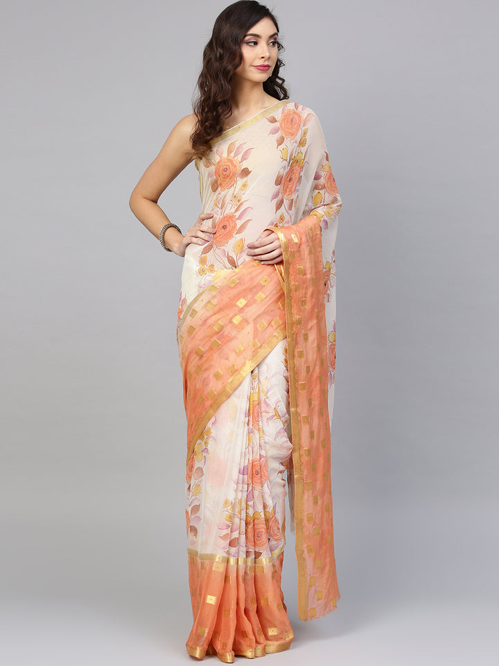 Chhabra 555 Peach and Off White Chiffon Woven, Printed, Ombre, Crystal With Saree 
