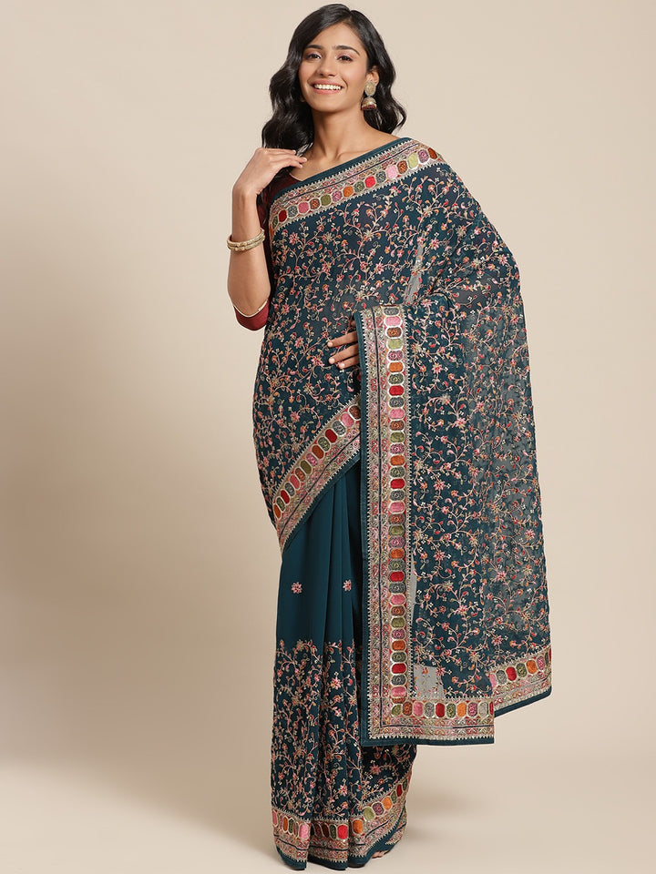 Georgette Sequin Embellished Saree with Resham Parsi style Embroidery