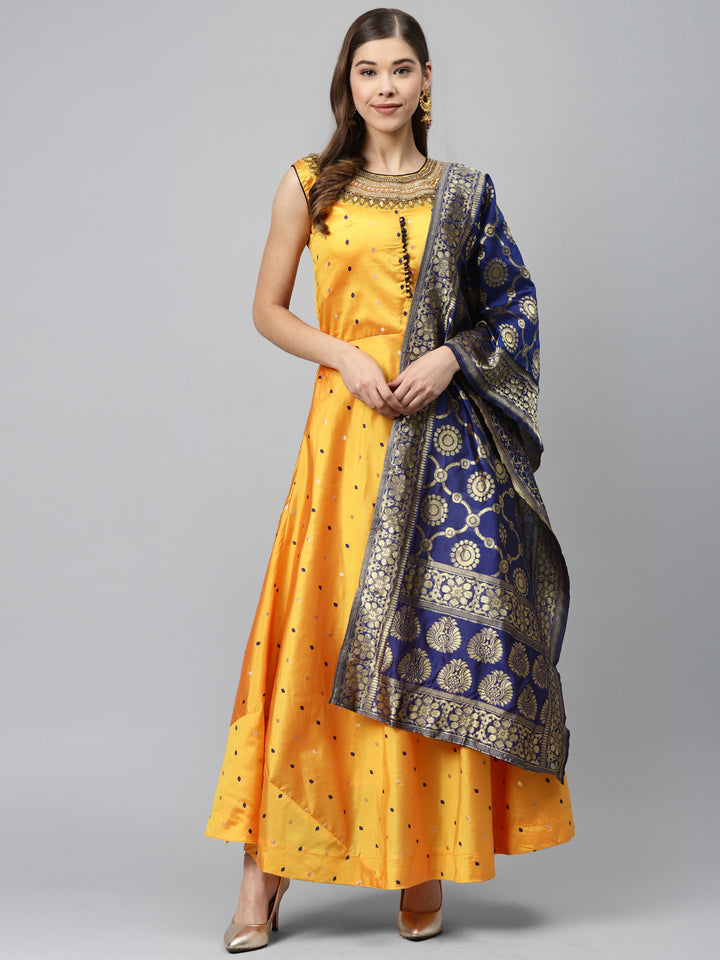 Made to Measure Pastel Woven Embroidered Anarkali Set with Contrast Banarasi Dupatta