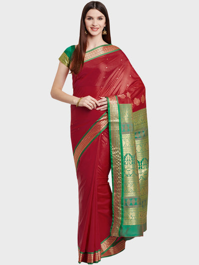 Chhabra 555 Red Handloom Zari Banarasi Silk Saree with contrast Green blouse and border