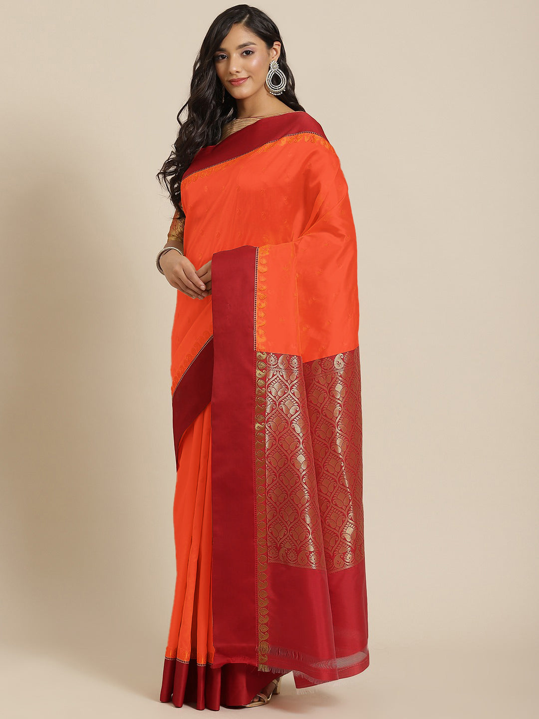 Chhabra 555 Orange & Red Zari Silk Blend Gadwal Saree