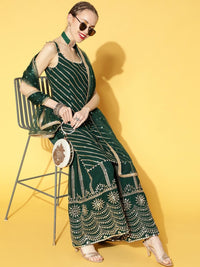 Chhabra 555 Bottle Green Sequence, Pearl & Mirror Embellished Kurta Sharara Set, Net Lace Dupatta