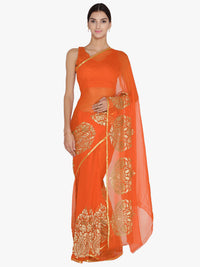 Orange Chiffon Resham Embroidered Party Wear Saree